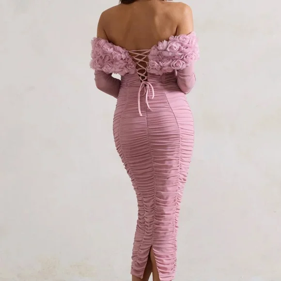 Club L London Off-Shoulder Pink Ruched Dress - Picture 2 of 4